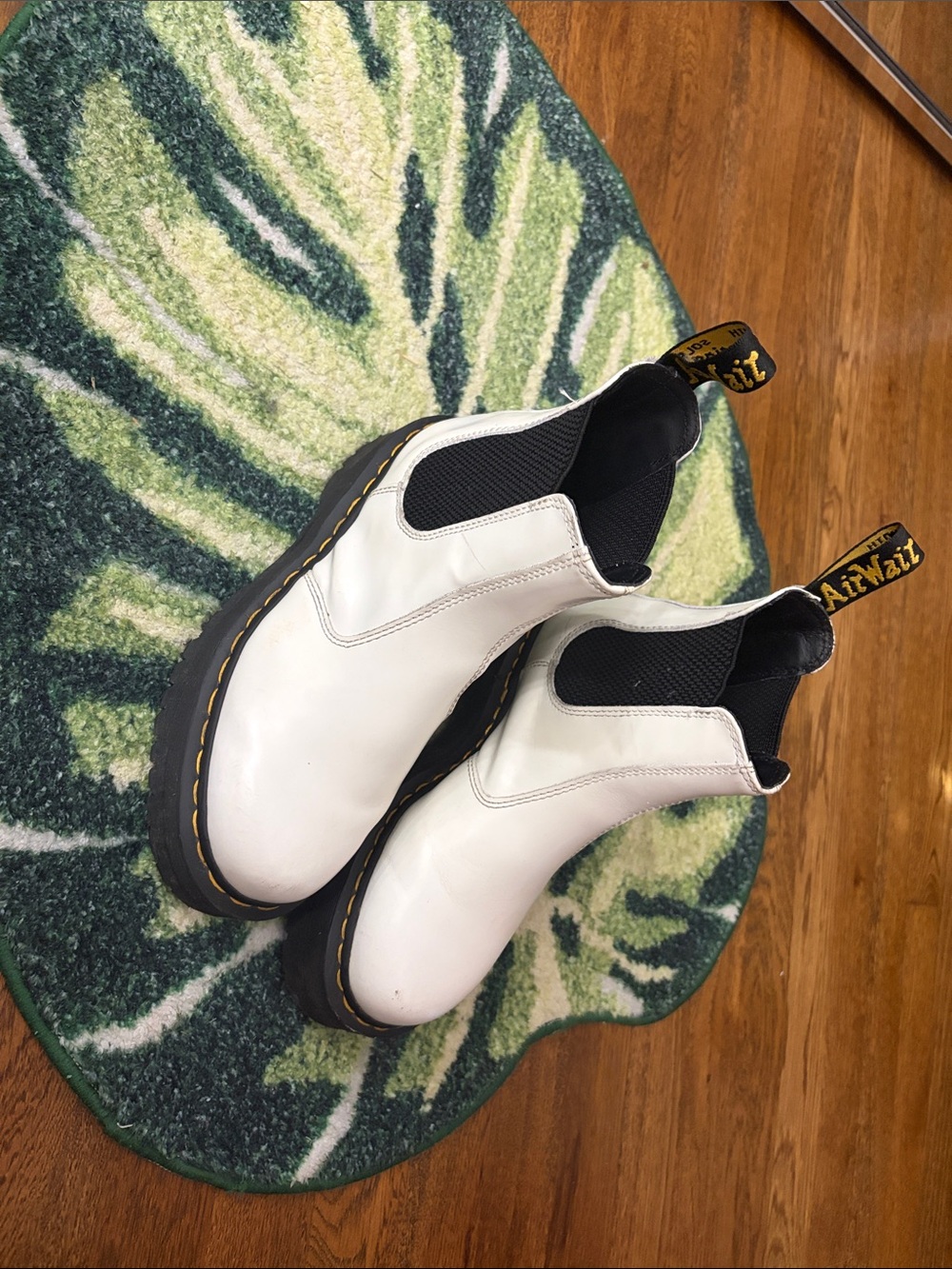 Dr. Martens White Chelsea Boots with Black Elastic and Yellow Stitching